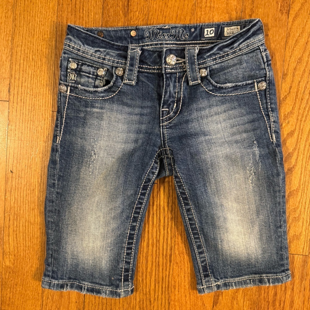 Miss Me Blue Denim Bermuda Shorts with Distressed Finish Girls Size 10